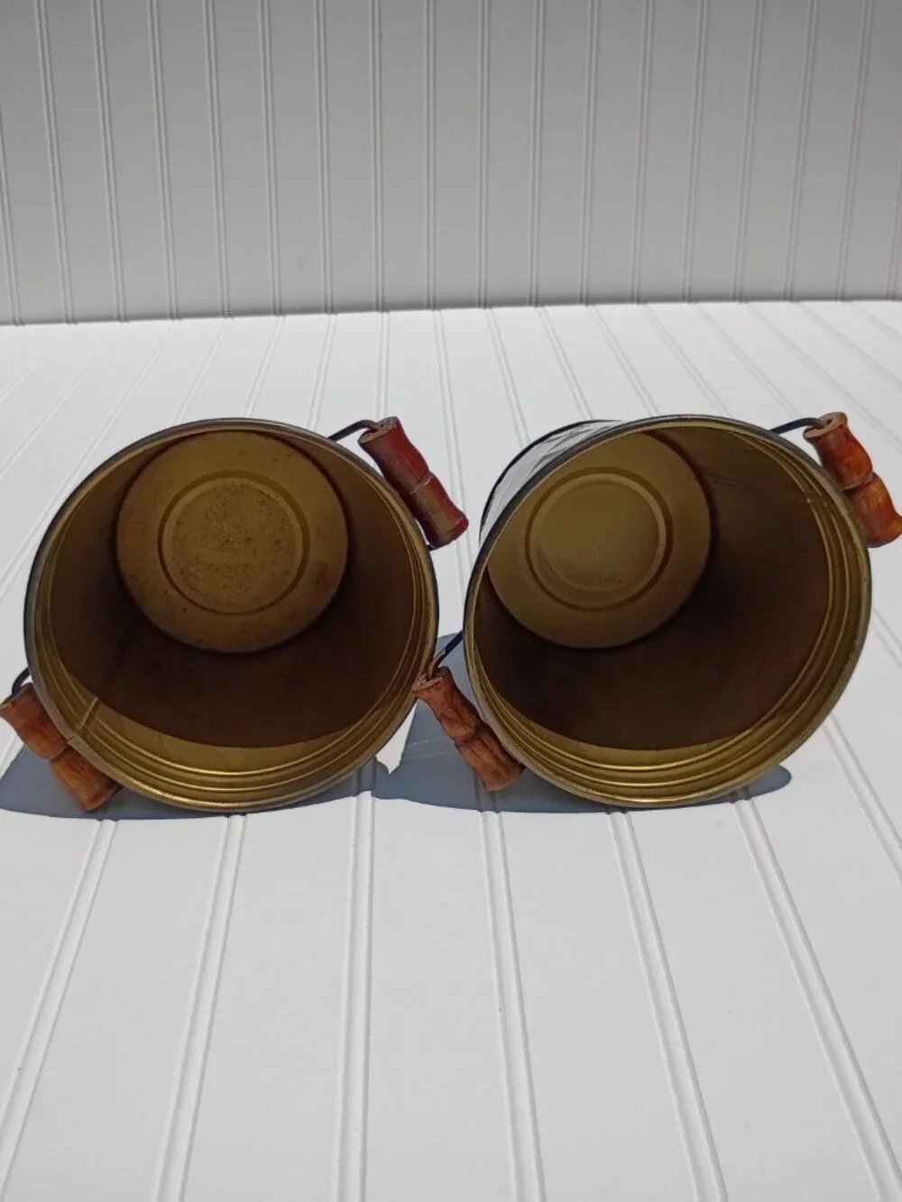 Vintage Brass Planters with Wooden Handles Set of 2 Diamond Pattern Pot Cachepot